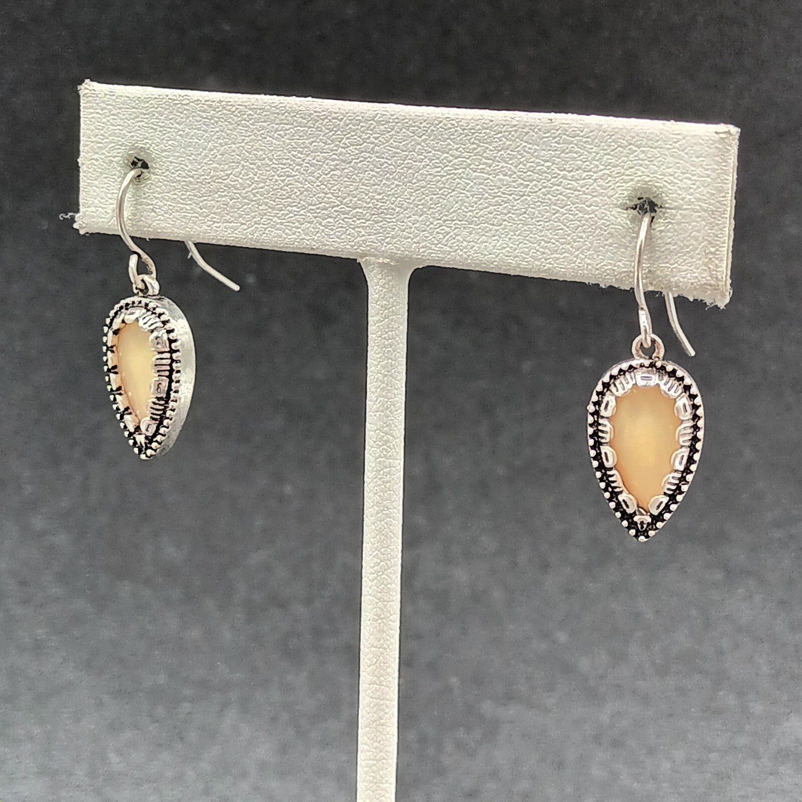 Pierced Earrings Silver tone Cream Acrylic Inverted Teardrop Dangle 3/4"