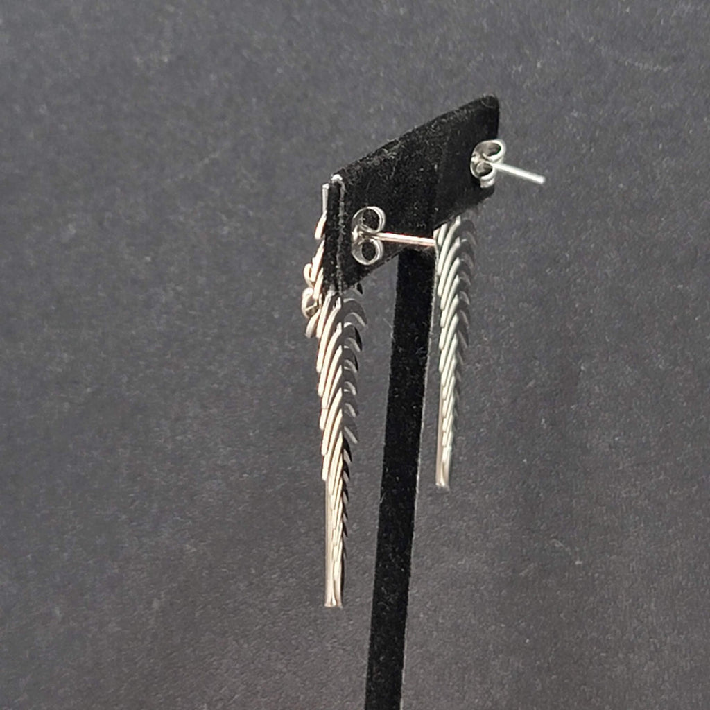 Pierced Earrings Long Silver tone Leaf Flower Drop 2"