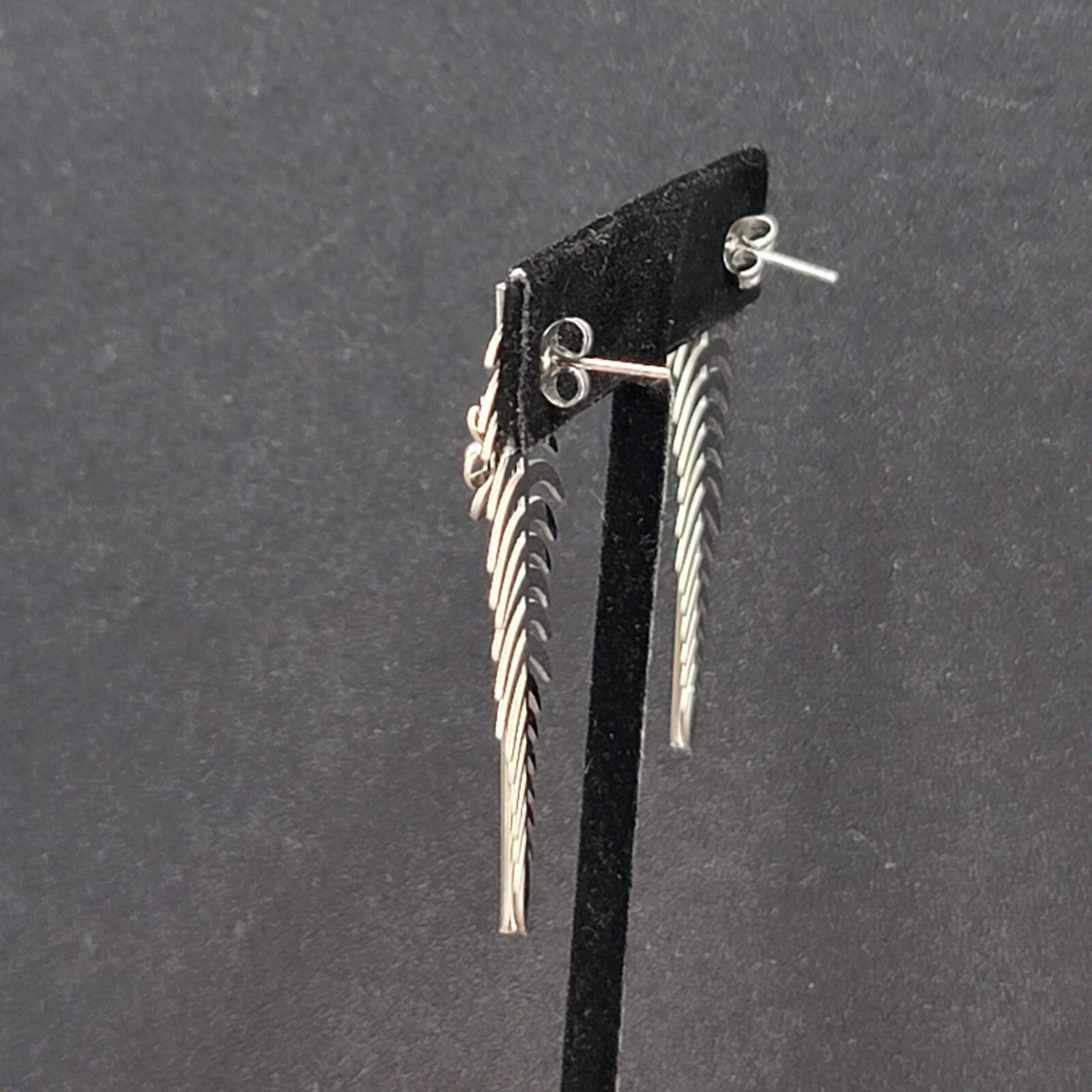 Pierced Earrings Long Silver tone Leaf Flower Drop 2"