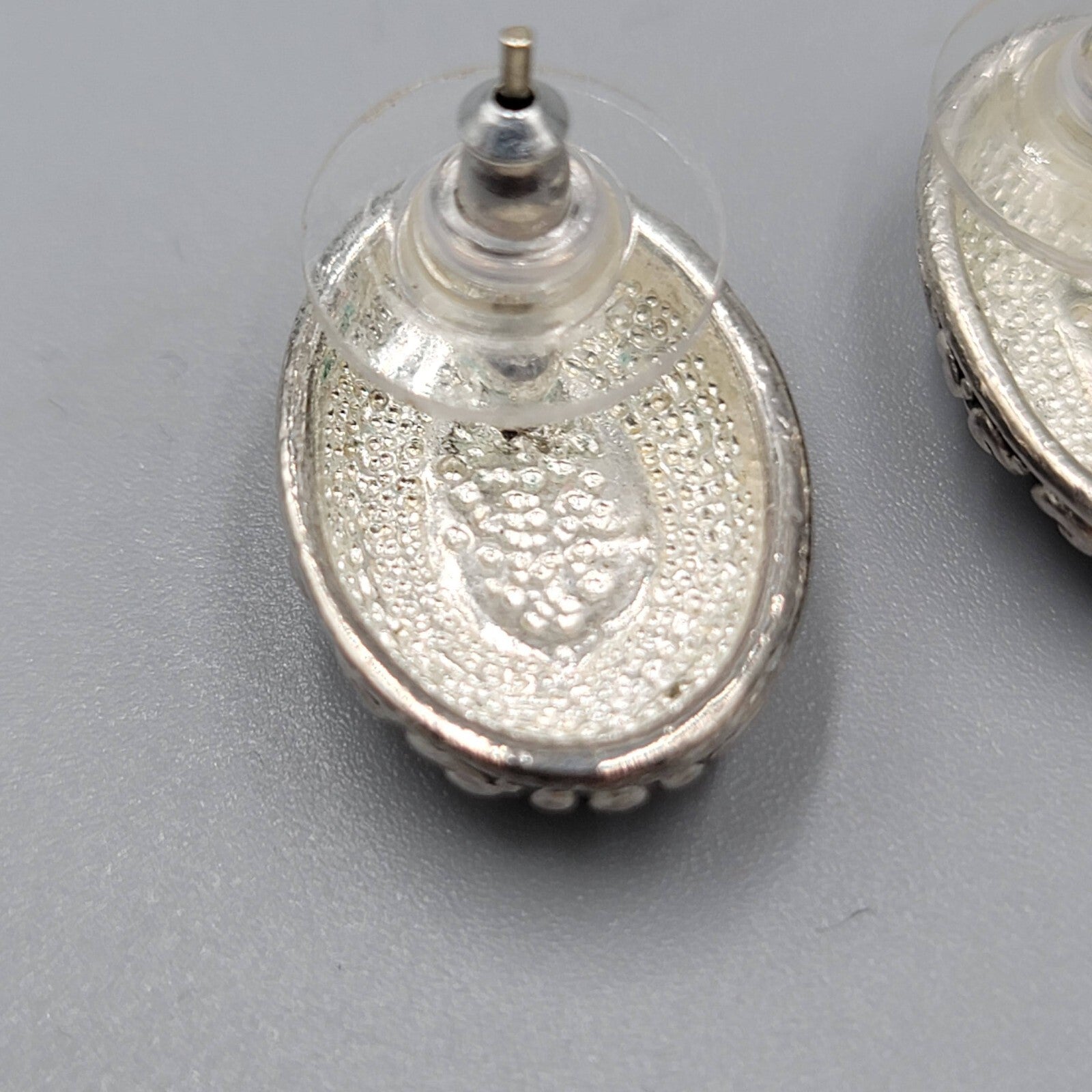 Pierced Earrings Silver tone Embossed Black Enamel Oval Drop 3/4"