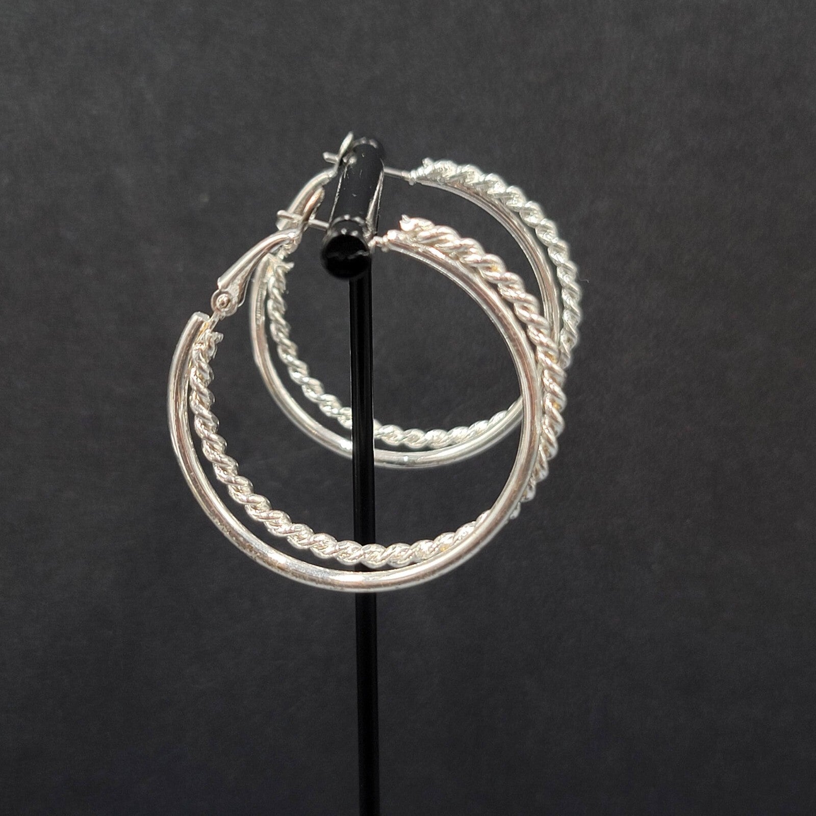 Pierced Earrings Silver tone Double Twist Hoops 1 5/8"