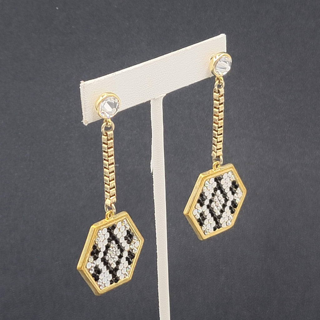 Pierced Earrings Gold Plated Rhinestone Studded Hexagon Dangle Chain Signed 