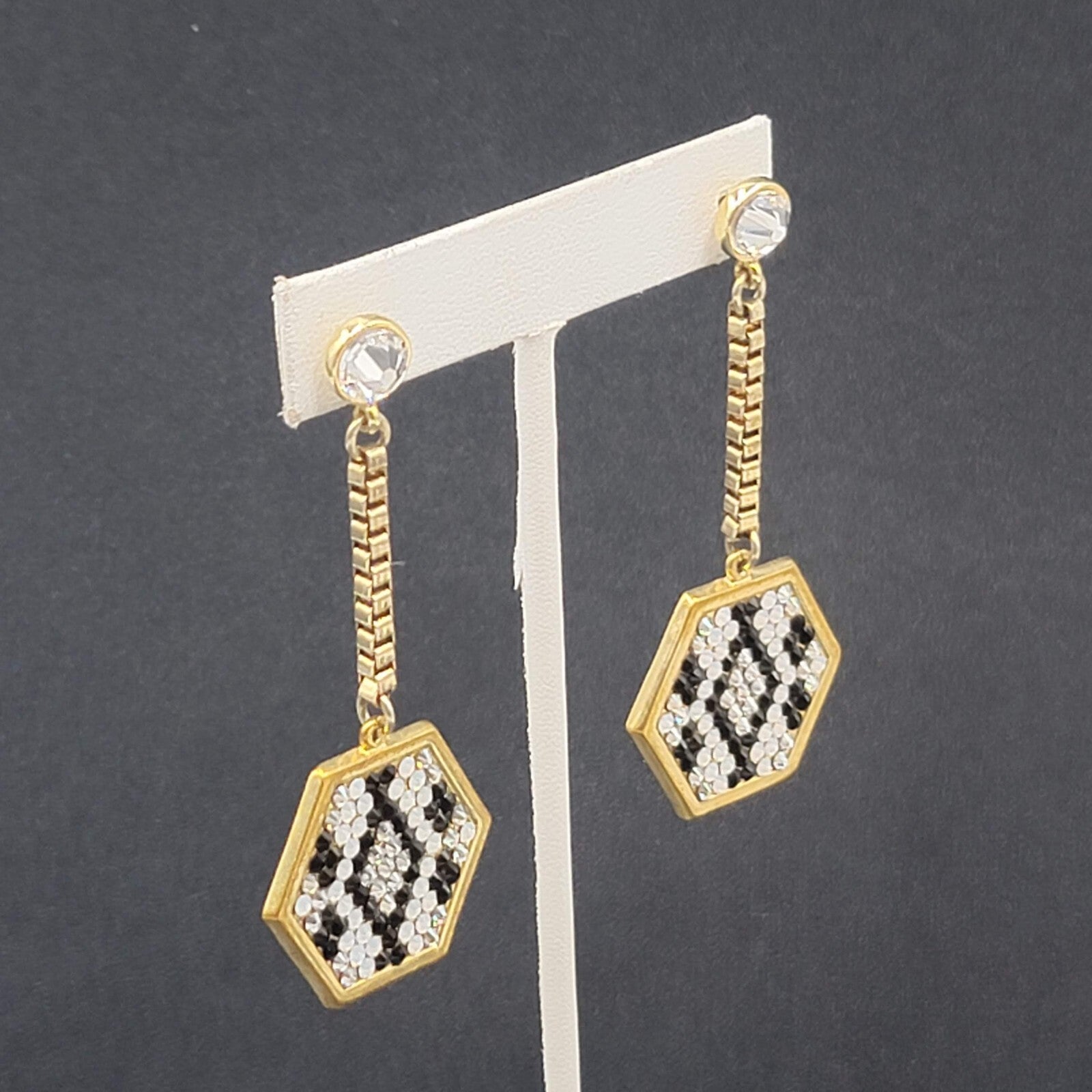 Pierced Earrings Gold Plated Rhinestone Studded Hexagon Dangle Chain Signed 