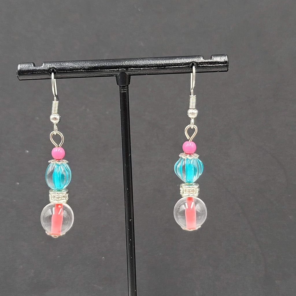Pink Blue Glass Bead Pierced Earrings Silver tone Dangle 1.25"