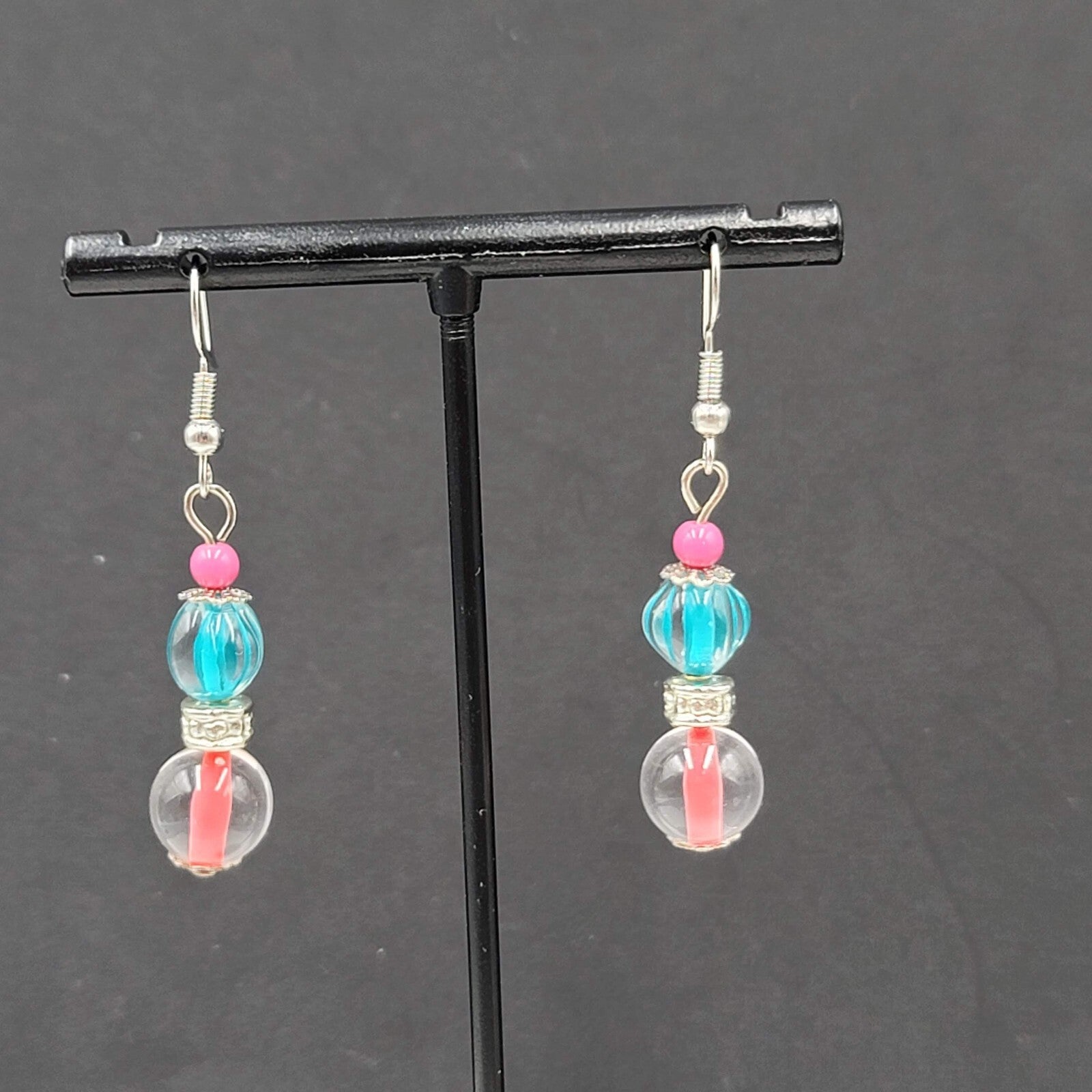 Pink Blue Glass Bead Pierced Earrings Silver tone Dangle 1.25"