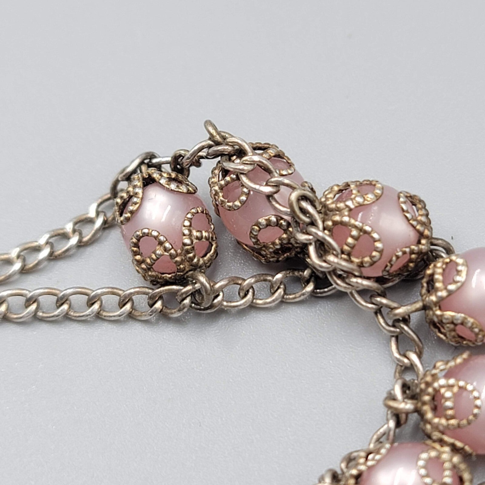 Vintage Sterling Rosary Pink Moonglow Capped Beads Bracelet 7"