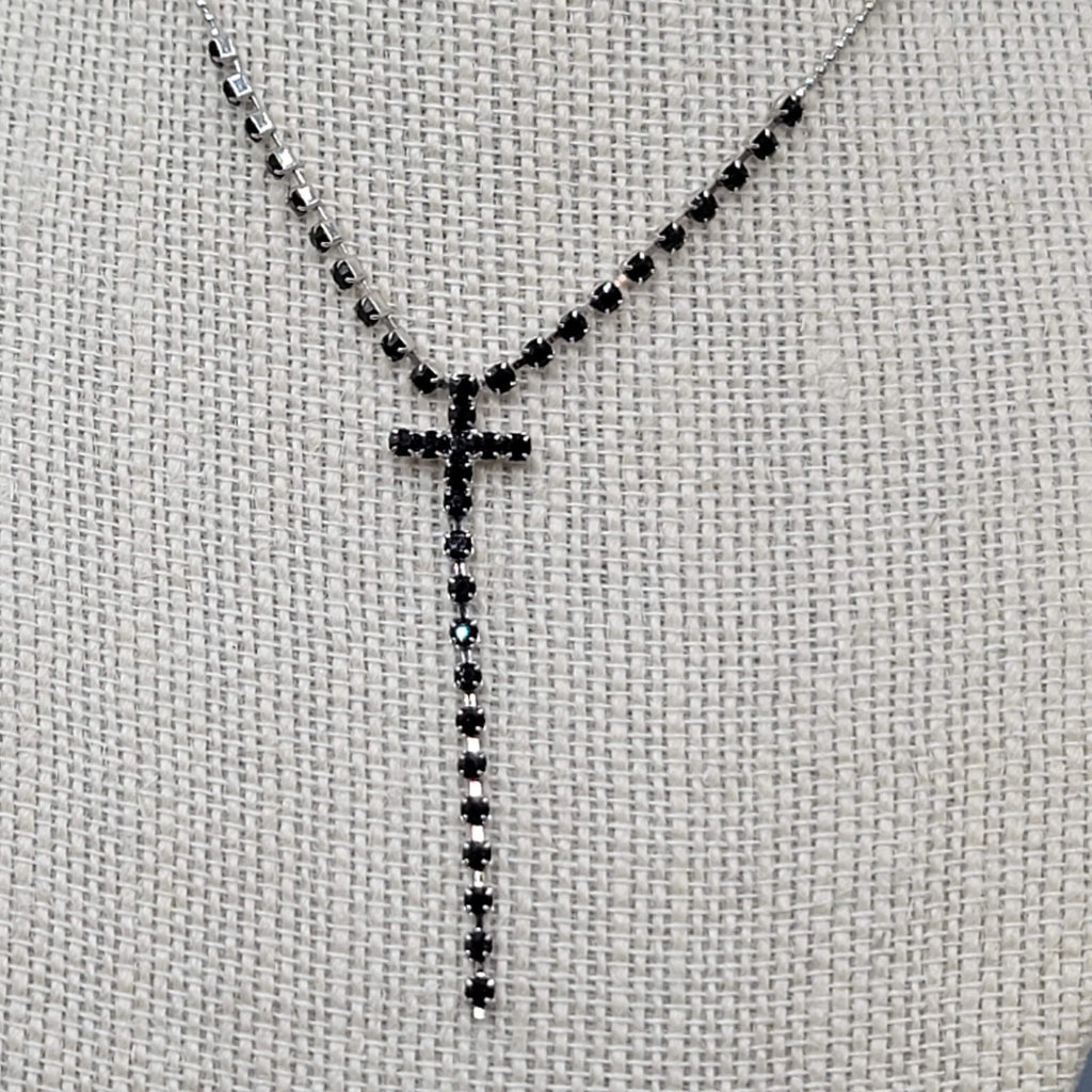 Black Rhinestone Cross Pendant Necklace Silver tone Y Drop 16"+