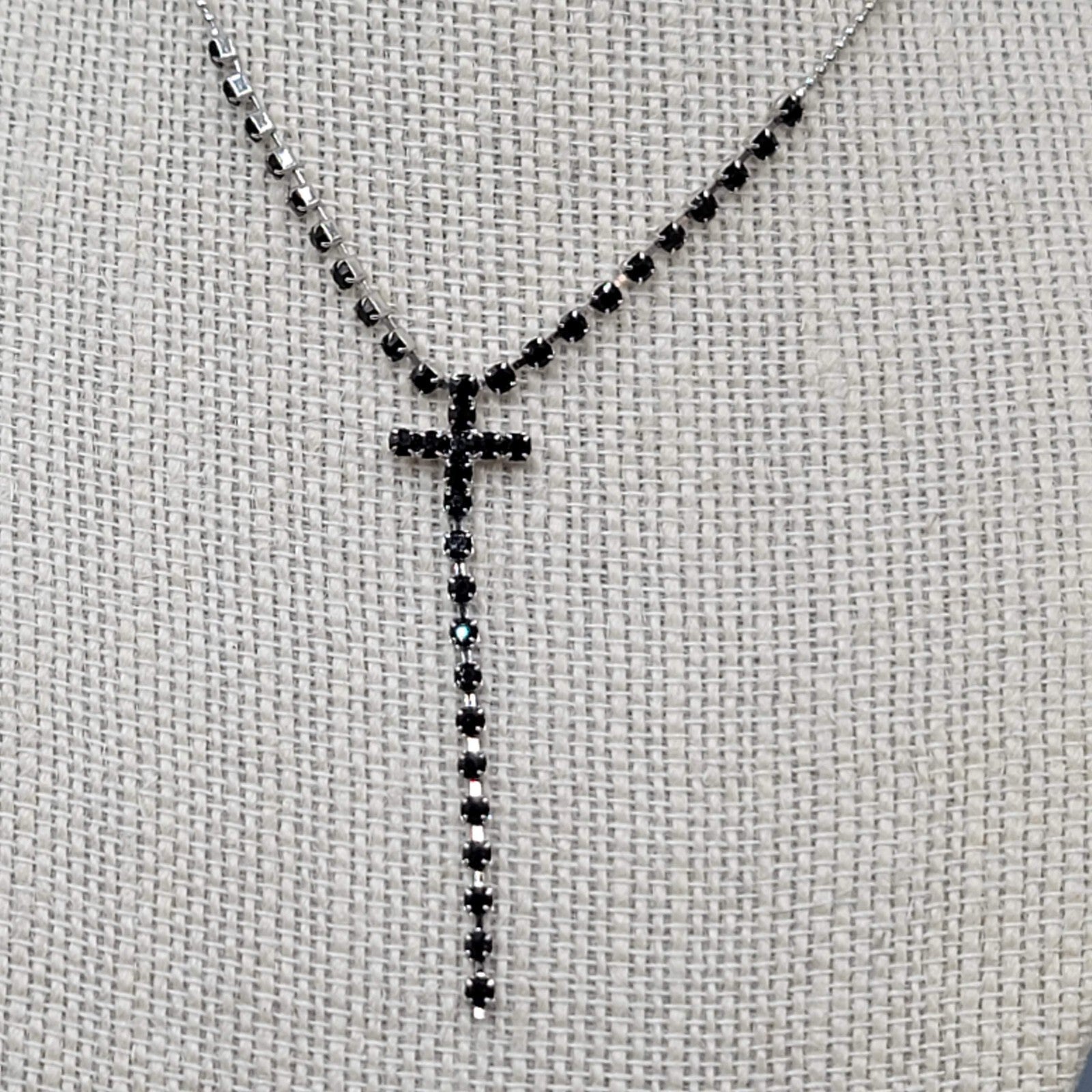 Black Rhinestone Cross Pendant Necklace Silver tone Y Drop 16"+