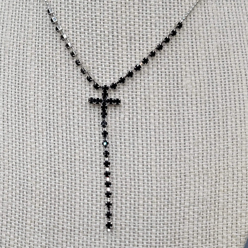 Black Rhinestone Cross Pendant Necklace Silver tone Y Drop 16"+
