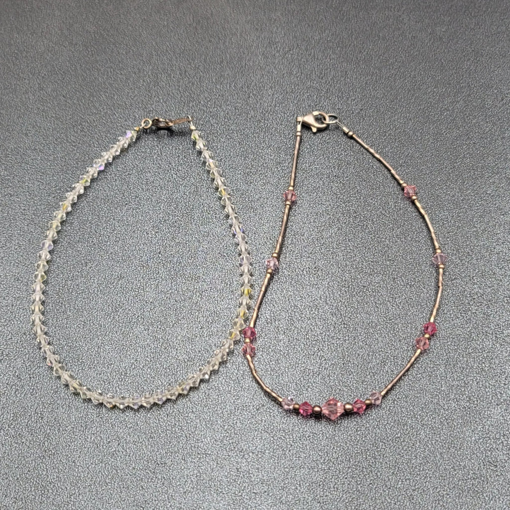 Sterling Silver Anklets Lot of 2 Pink Cleat Bi-cone Crystal Beads 9.75"