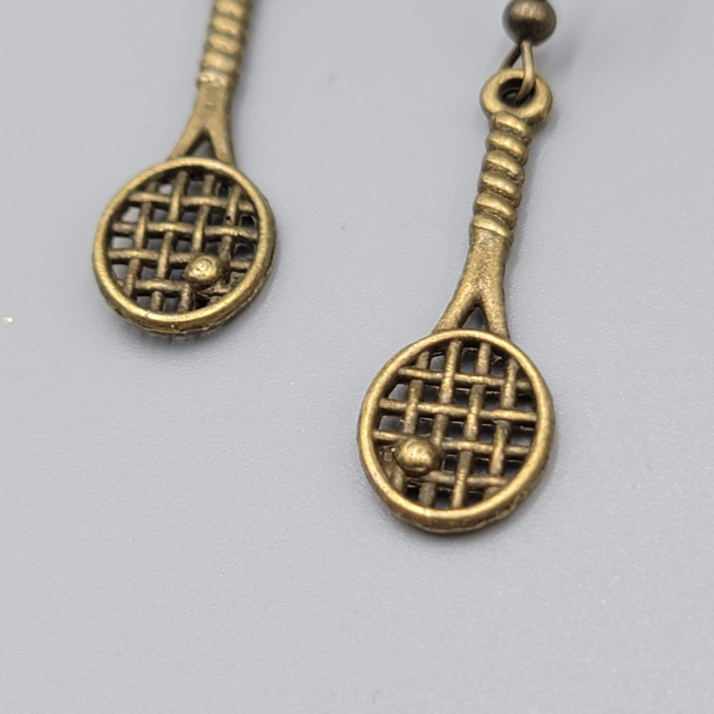 Tennis Racquet Pierced Earrings Bronze tone Dangle NEW 1 1/8"
