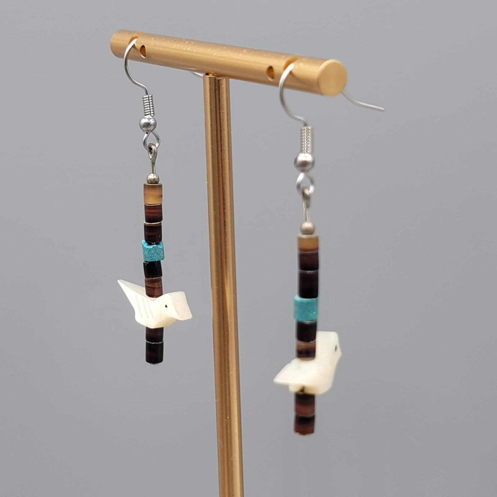 Vintage Bird Fetish Pierced Earrings Heishi Shell Beads Silver tone Dangle 1.5"