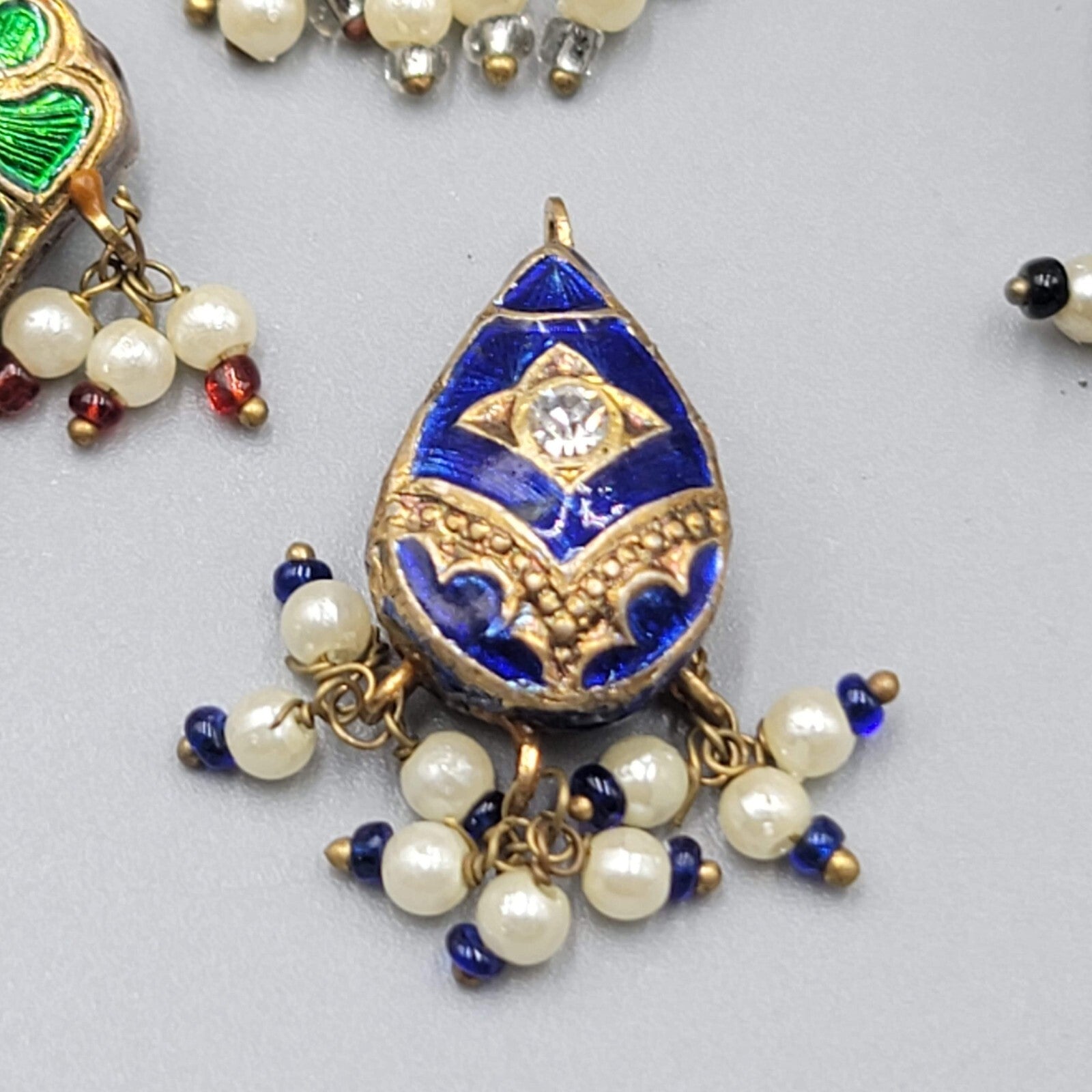 Lot of 4 Multicolor Enamel Guilloche Faux Pearl Dangle Pendants Charms 1"