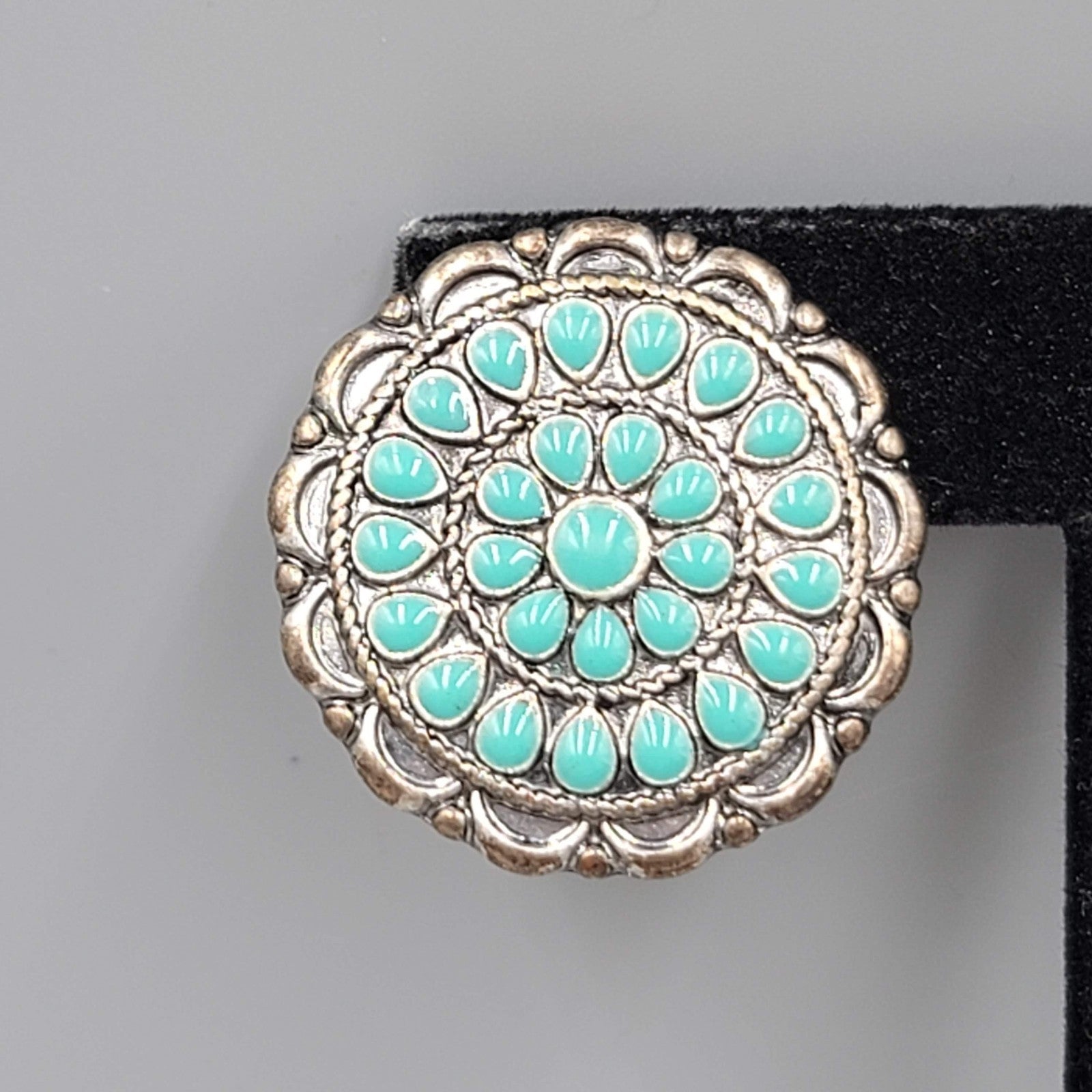 Vintage Southwest Style Clip on Earrings Dark Silver tone Blue Enamel 1 1/8"