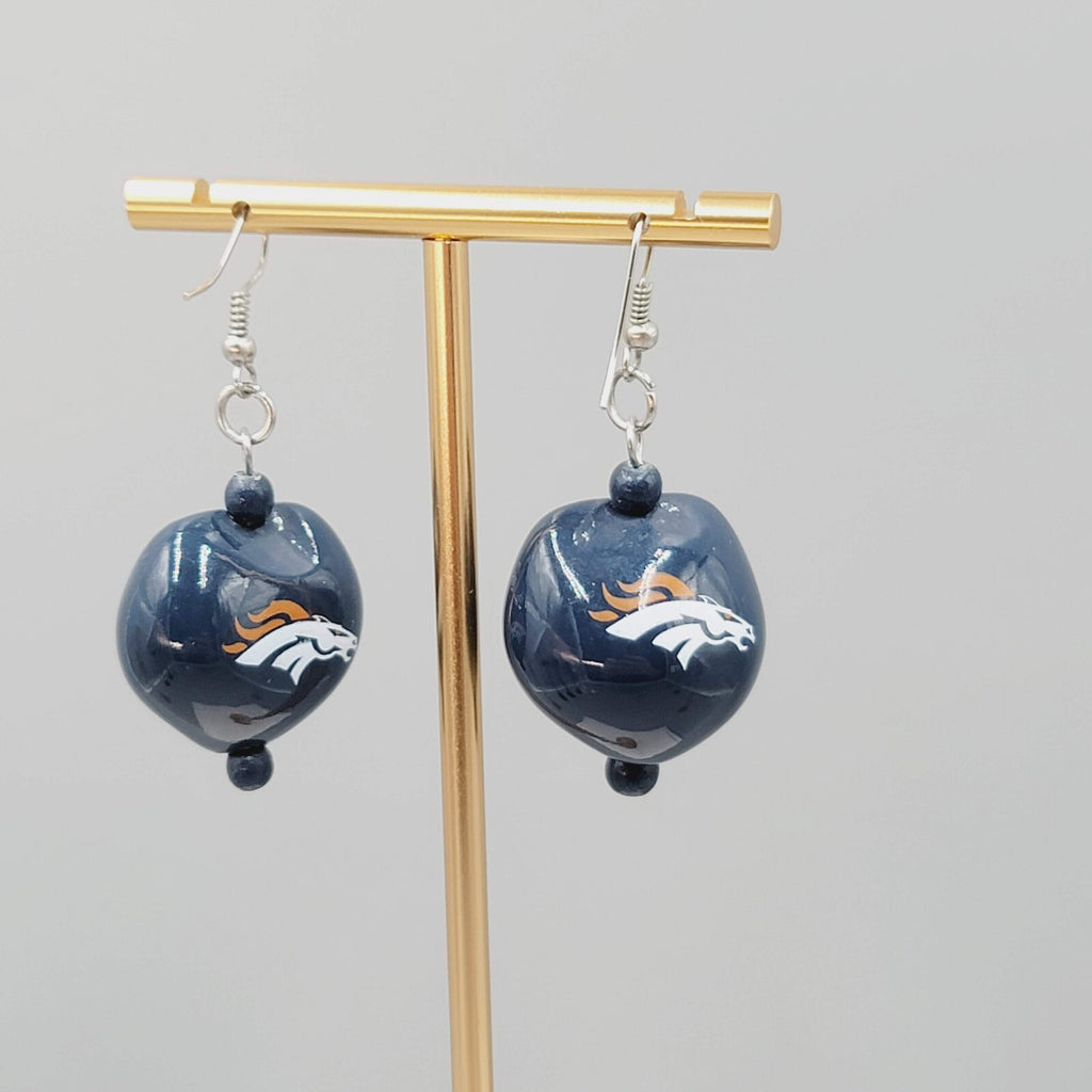Vintage KuKui Nut Denver Broncos Football Pierced Earrings Dangle 1 3/8"