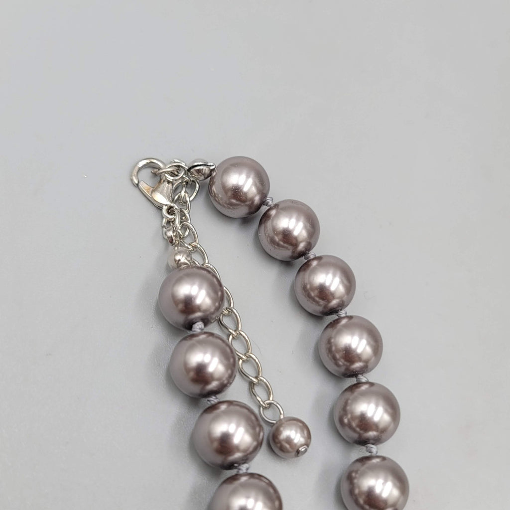 Gray Faux Pearl Necklace Hand Knotted Silver tone Elegant Holiday 16"-18"