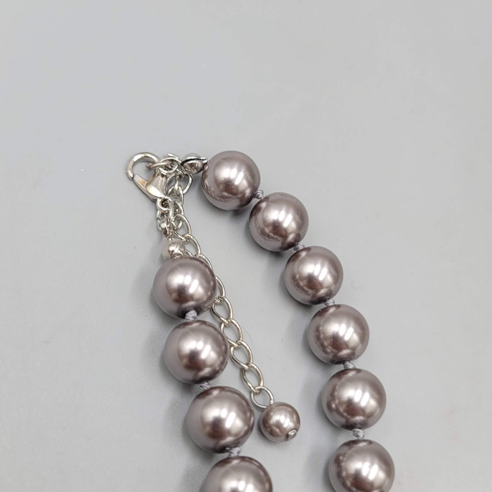 Gray Faux Pearl Necklace Hand Knotted Silver tone Elegant Holiday 16"-18"