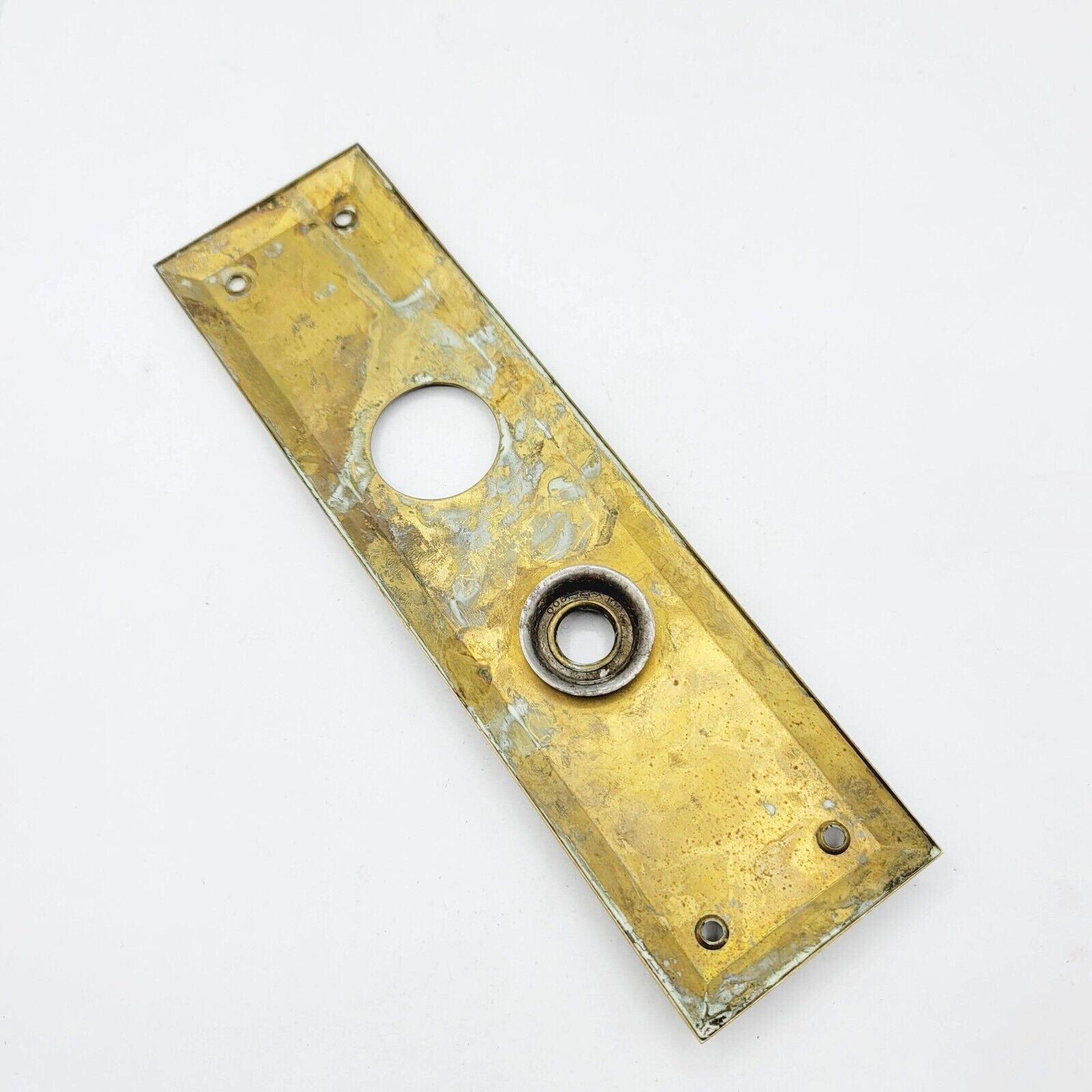 Vintage Brass Doorknob Back Plate Dead Bolt Salvage 9" x 2 1/2" holes 2 1/2"