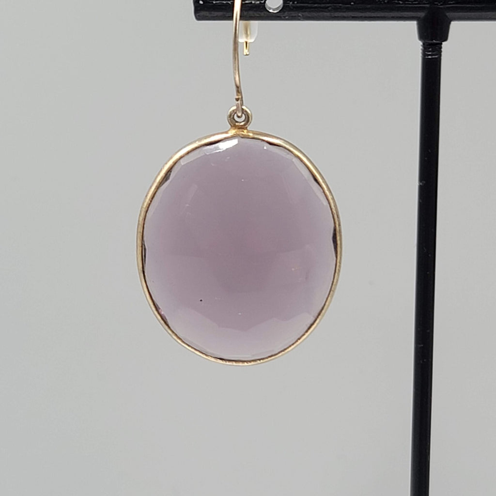 Pierced Earrings Gold tone Large Purple Faceted Glass Oval Dangle 1 3/8"