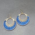 Pierced Earrings Gold tone Royal Blue String Art Dangle Hoops 1 7/8"