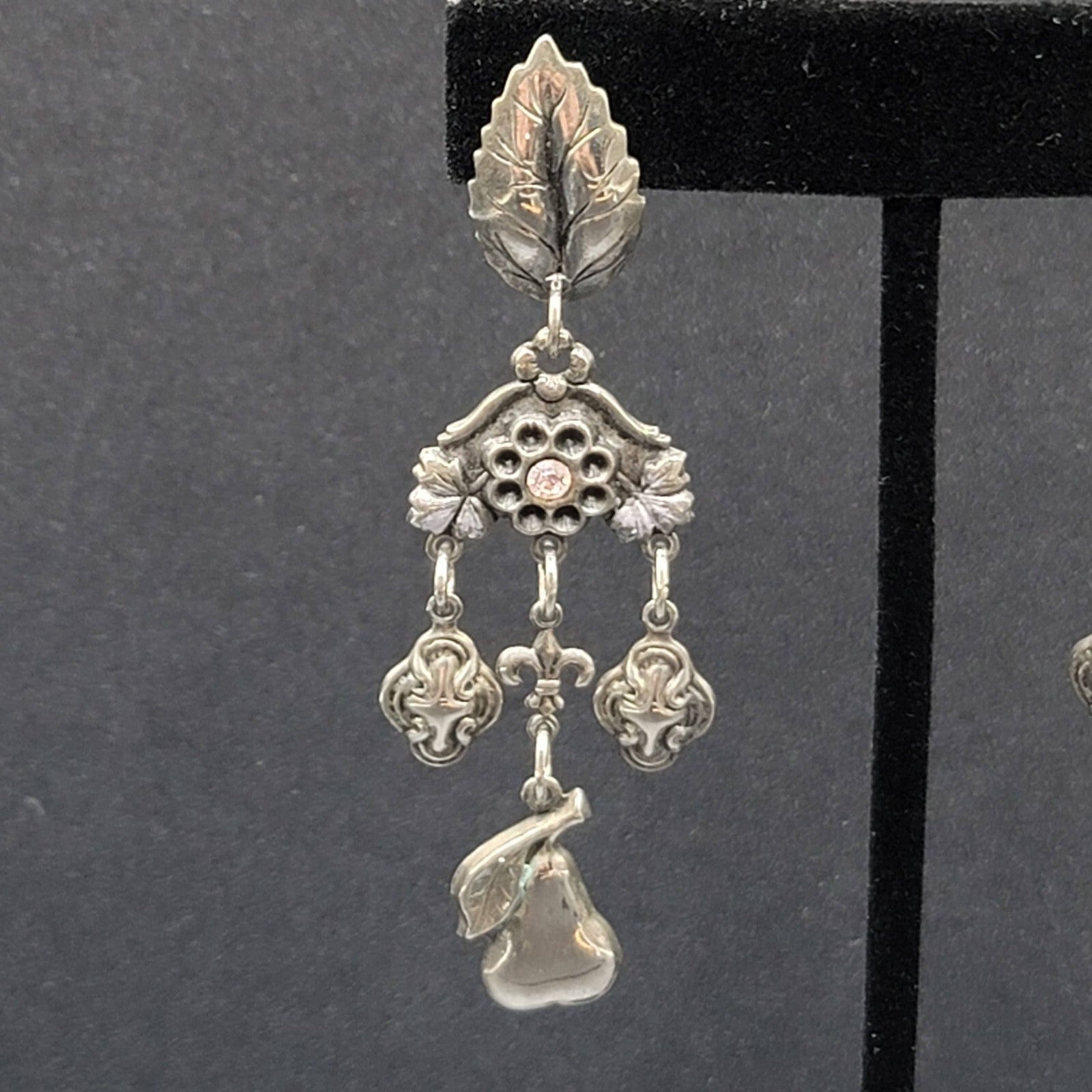 Vintage Pierced Earrings Silver tone Fruit Flowers Leaves Rhinestone 3"