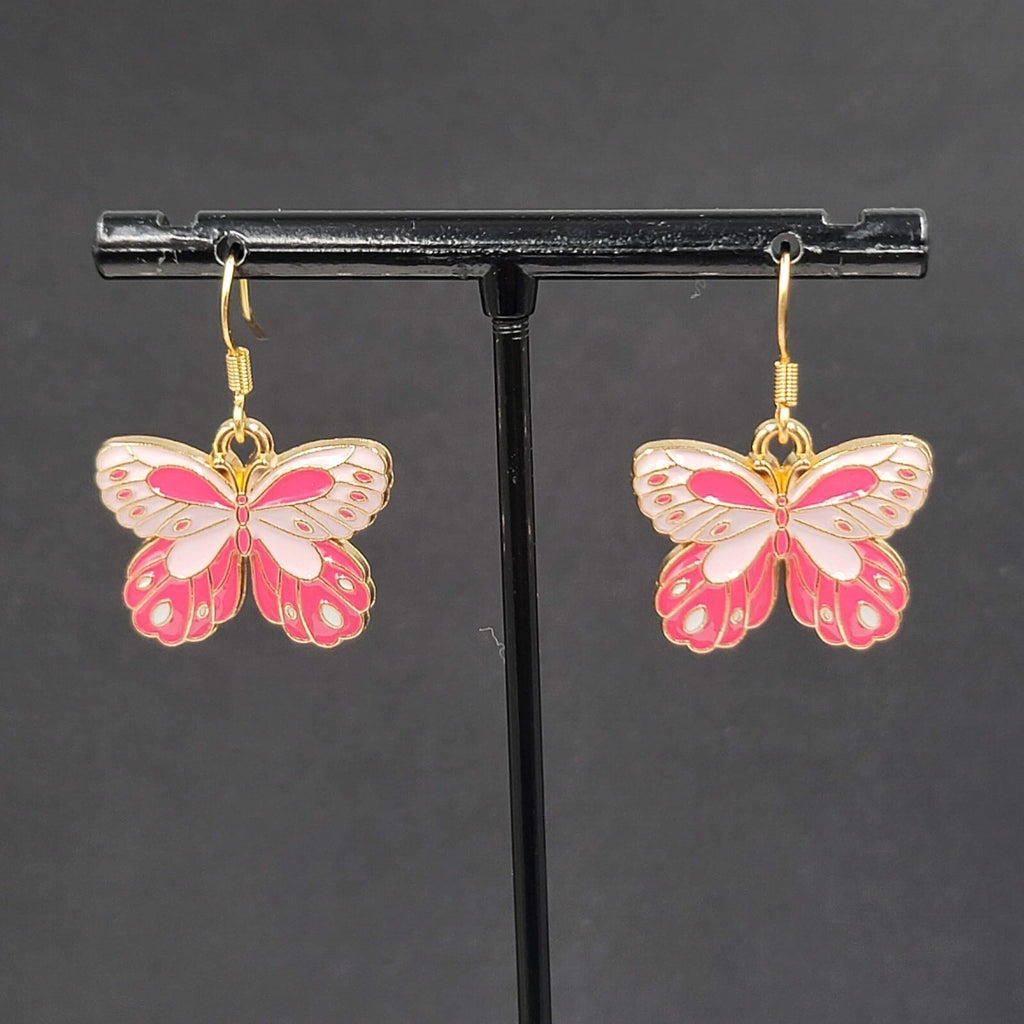 Moth Pink Enamel Pierced Earrings Gold tone Dangle Butterfly 3/4"