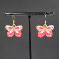 Moth Pink Enamel Pierced Earrings Gold tone Dangle Butterfly 3/4"