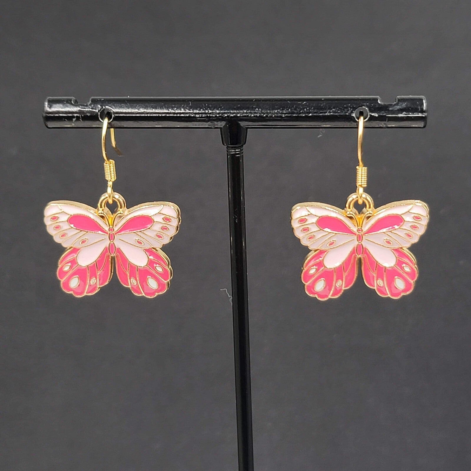 Moth Pink Enamel Pierced Earrings Gold tone Dangle Butterfly 3/4"