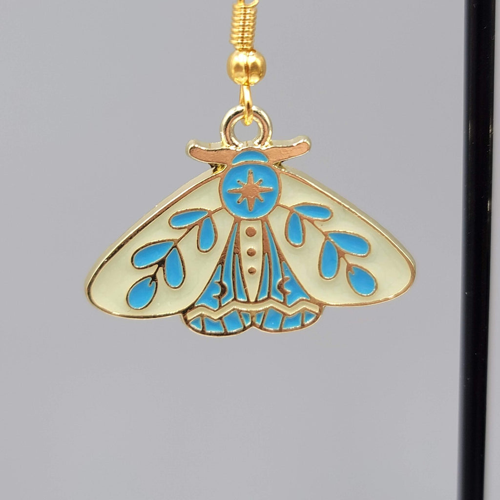 Moth Pierced Earrings Gold tone Yellow Blue Enamel Dangle 3/4"