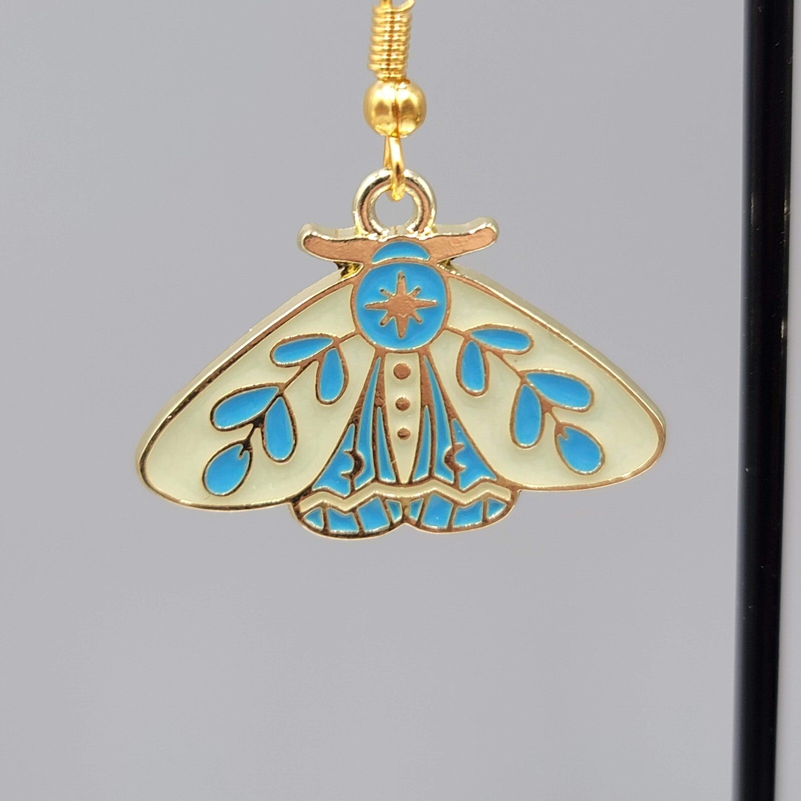 Moth Pierced Earrings Gold tone Yellow Blue Enamel Dangle 3/4"