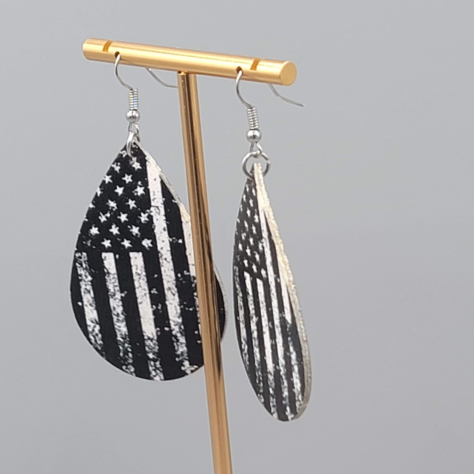 Black and White American Flag Pierced Earrings Teardrop Dangle 2.25"