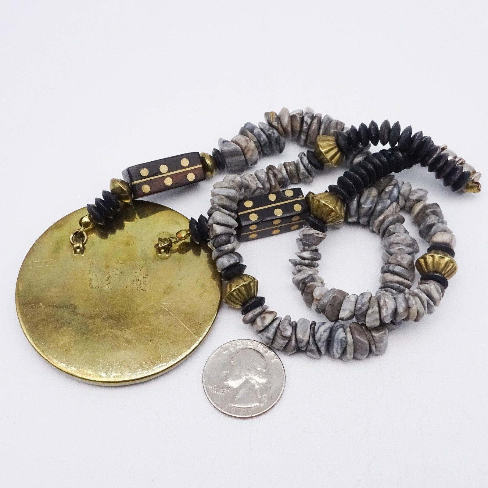 Boho Ethnic Necklace Gray Stone Beads Enamel Brass Inlay Pendant 24"
