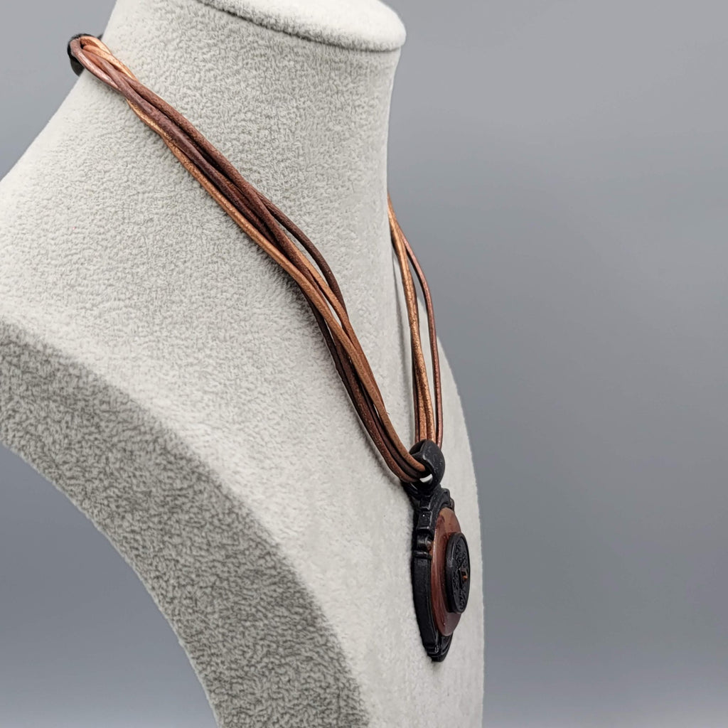 Chicos Medallion Necklace Brown Cord Asian Round Pendant 16"-18"