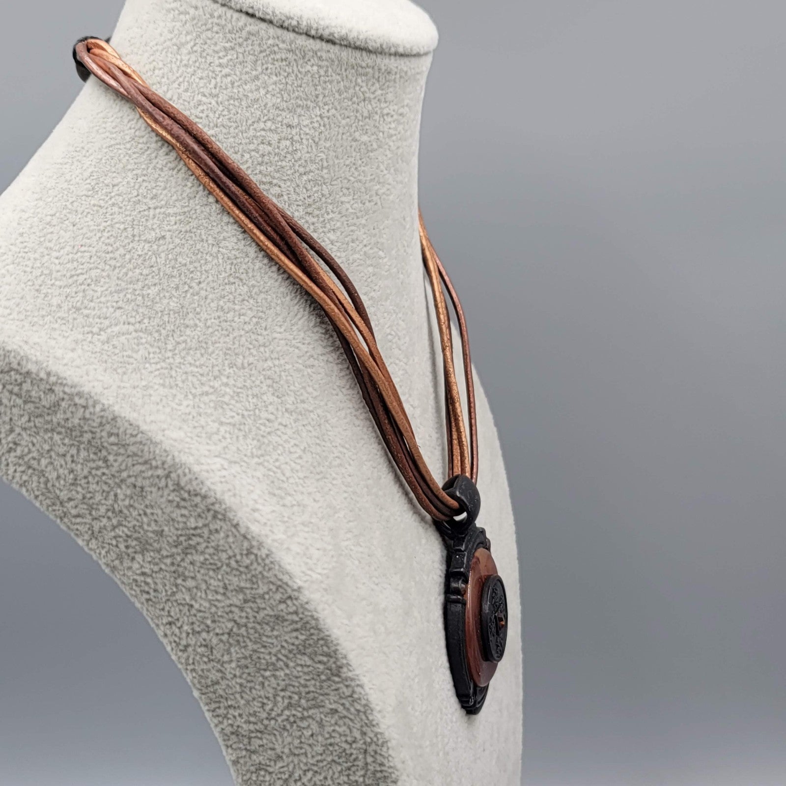 Chicos Medallion Necklace Brown Cord Asian Round Pendant 16"-18"