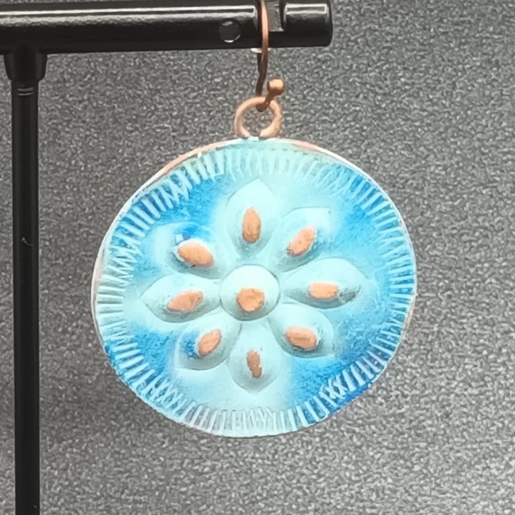 Pierced Earrings Copper tone Blue Enamel Flower Embossed Discs Dangle Boho 1.25"