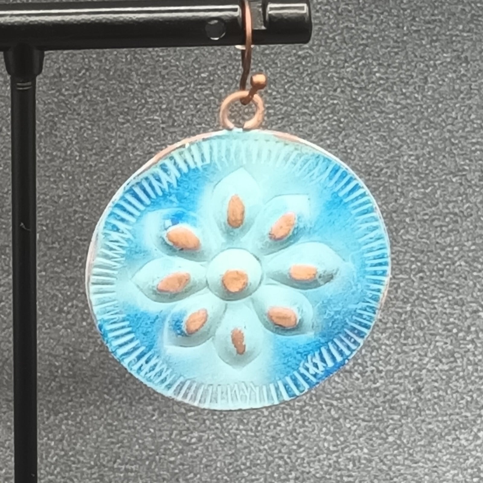Pierced Earrings Copper tone Blue Enamel Flower Embossed Discs Dangle Boho 1.25"