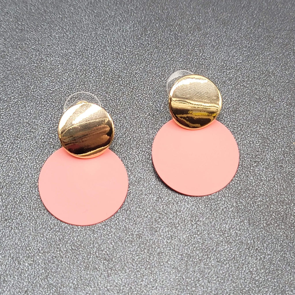 Pierced Earrings Gold tone Matte Pink Enamel Disc Dangle 1.25"