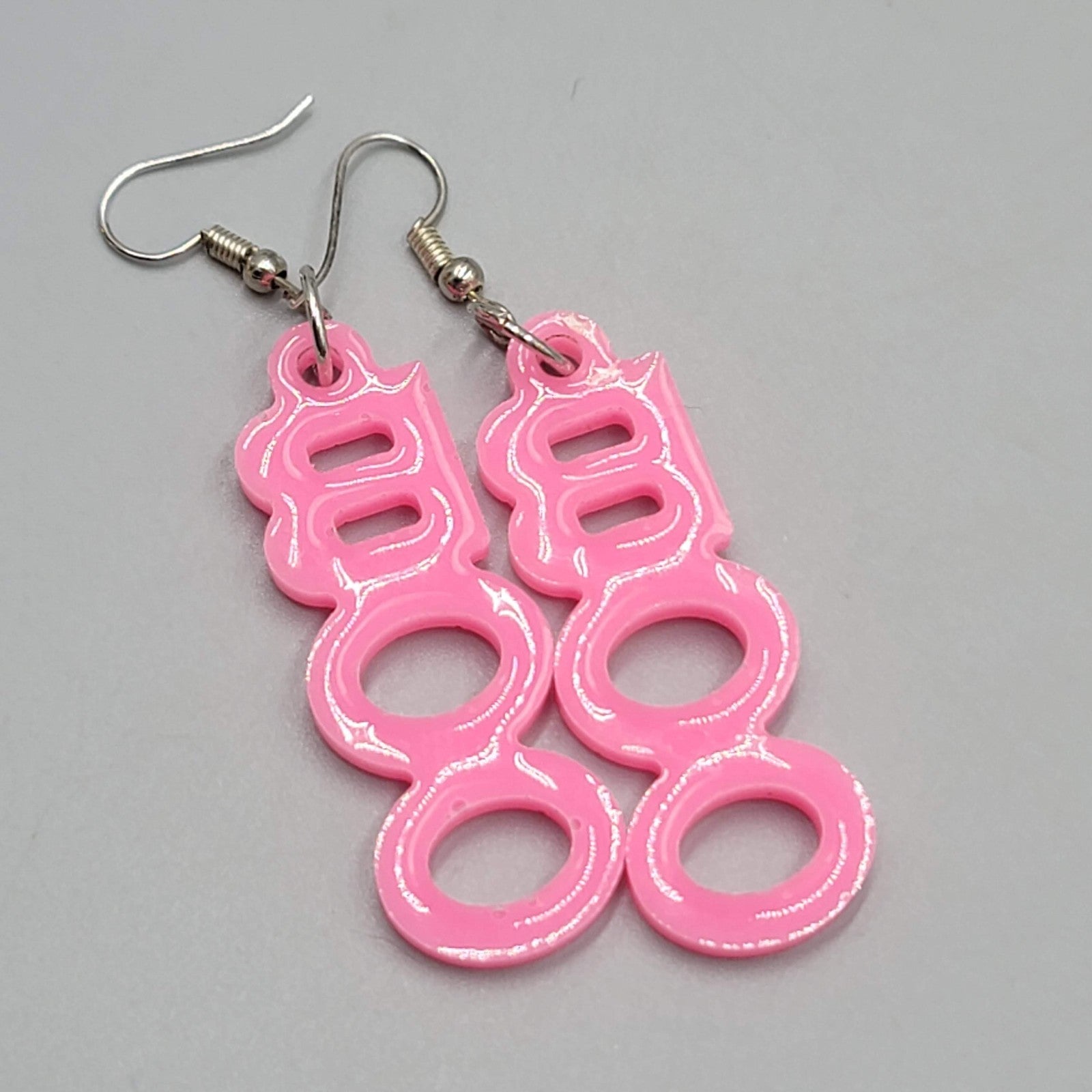 PInk BOO Pierced Earrings Silver tone Dangle 2"