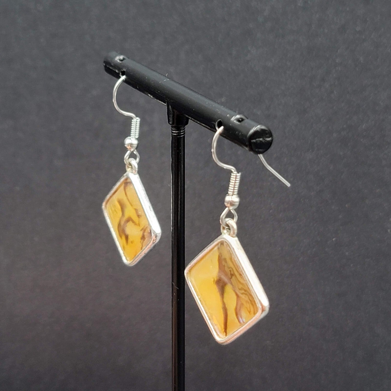 Pierced Earrings Silver tone Yellow Faux Abalone Square Dangle 7/8"