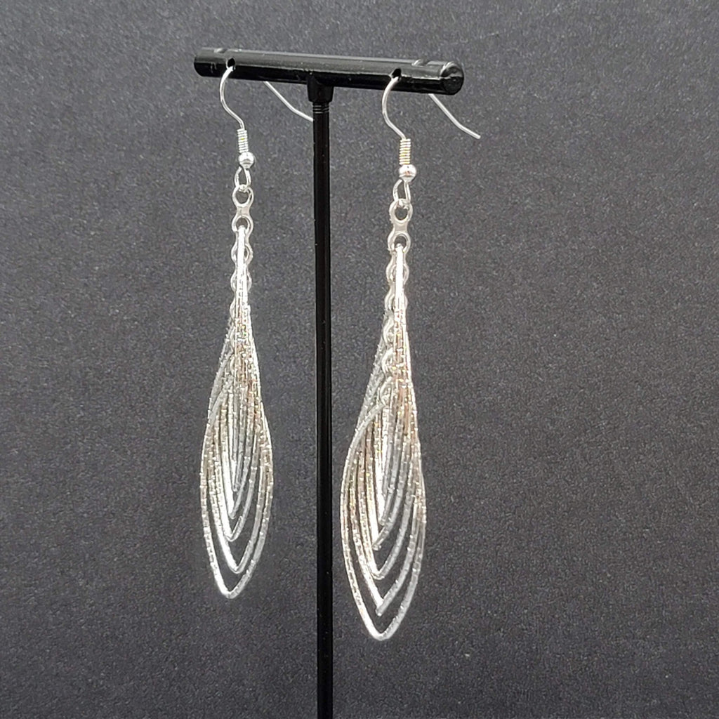 Pierced Earrings Silver tone Textured Concentric Hoops Dangle Statement 2.75"