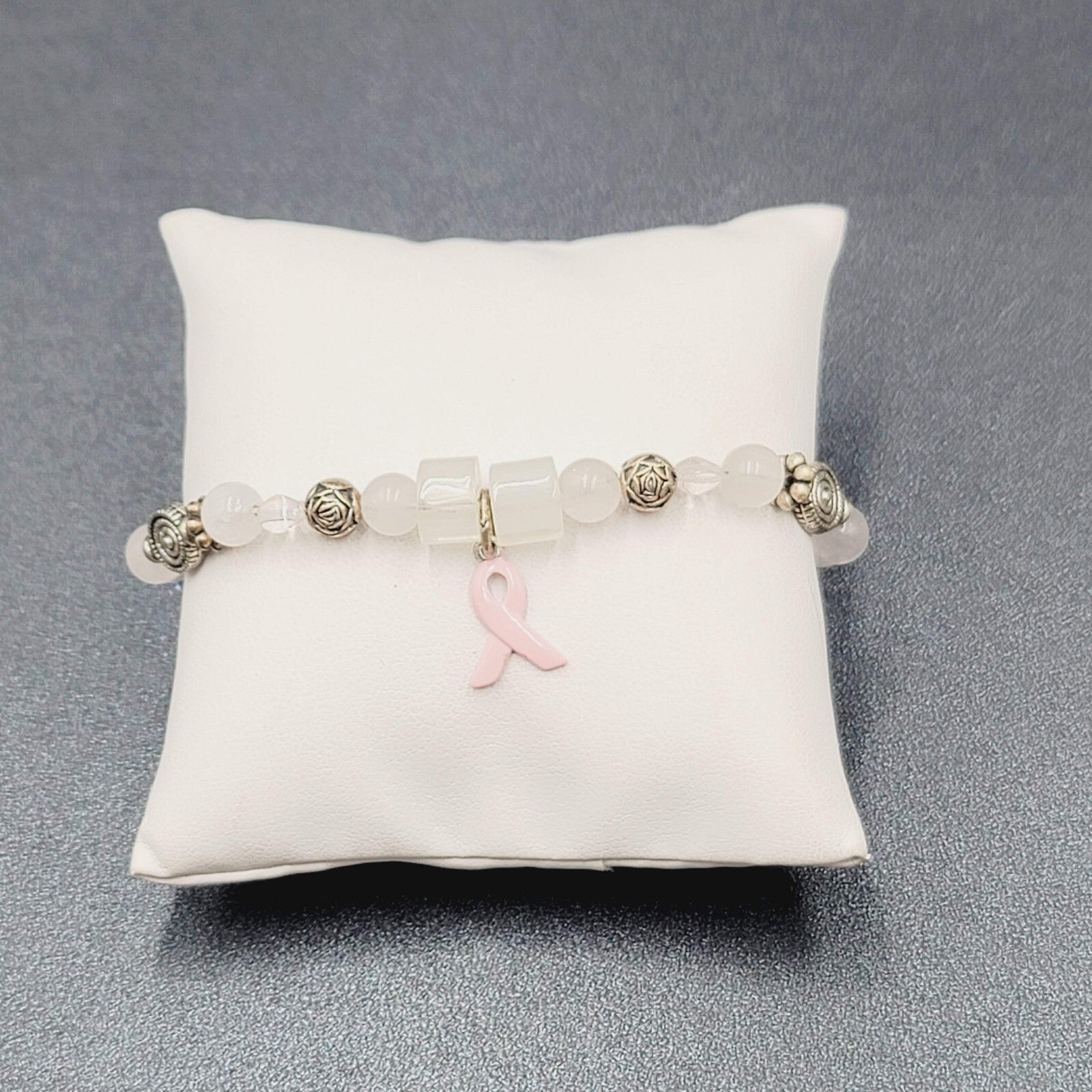 Sterling Breast Cancer Awareness Charm Bracelet Silver tone Beaded 7"
