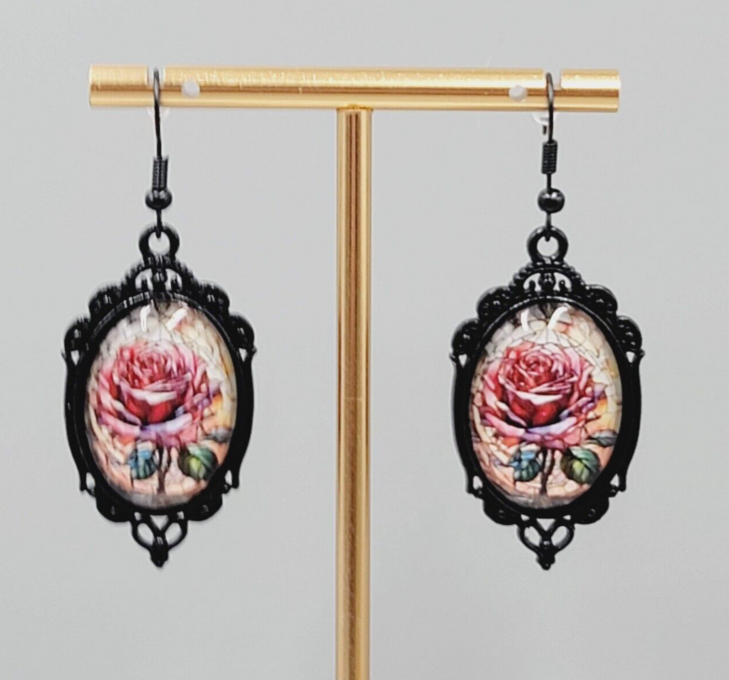 Glass Dome Pink Rose Pierced Earrings Oval Dangle Black Enamel 1 5/8"