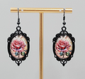 Glass Dome Pink Rose Pierced Earrings Oval Dangle Black Enamel 1 5/8"