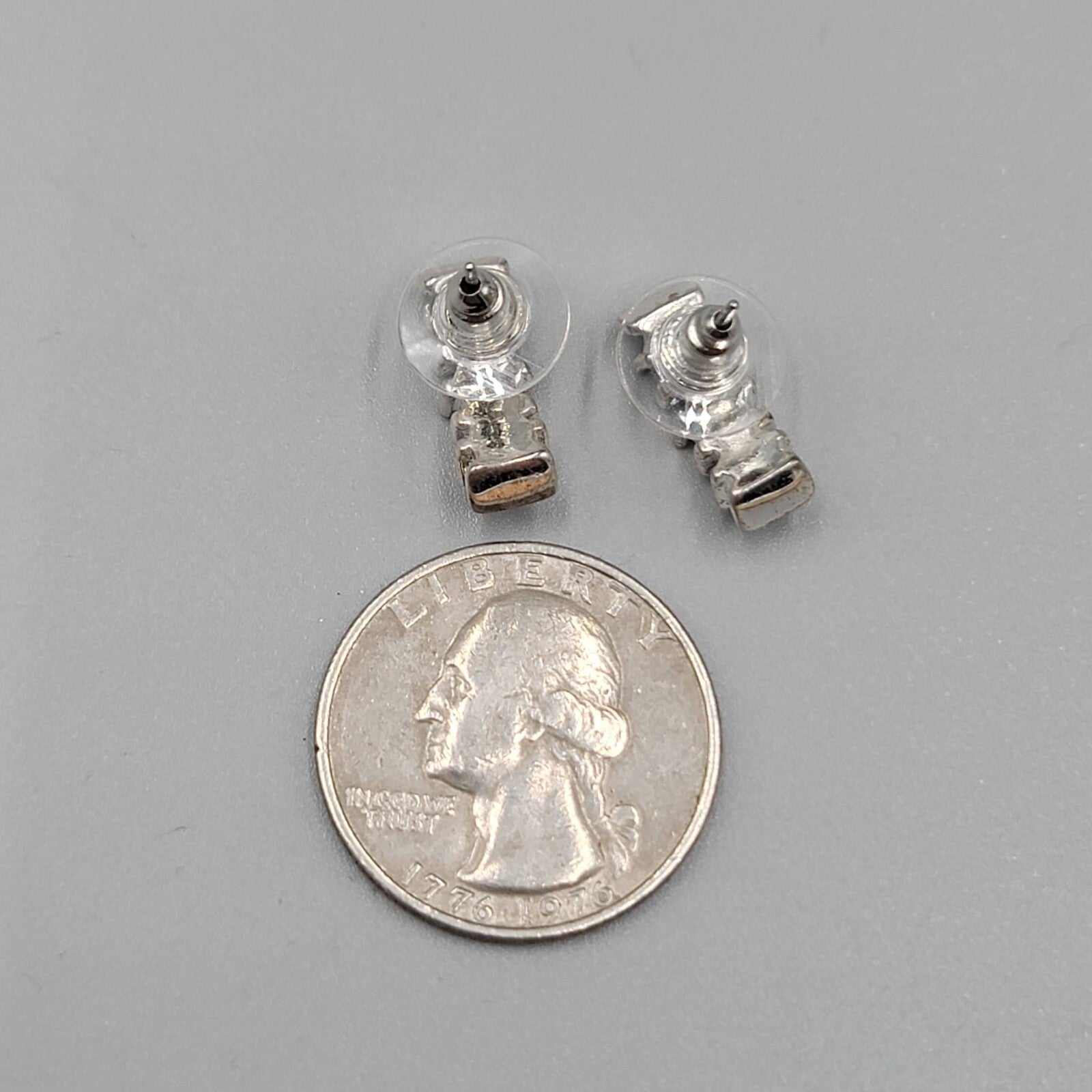 Pierced Earrings Silver tone Black Clear Crystal Drop Minimalist 5/8" 