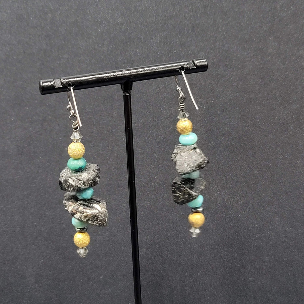 Pierced Earrings Black Raw Stone Blue Gold tone Beads Dangle 2"