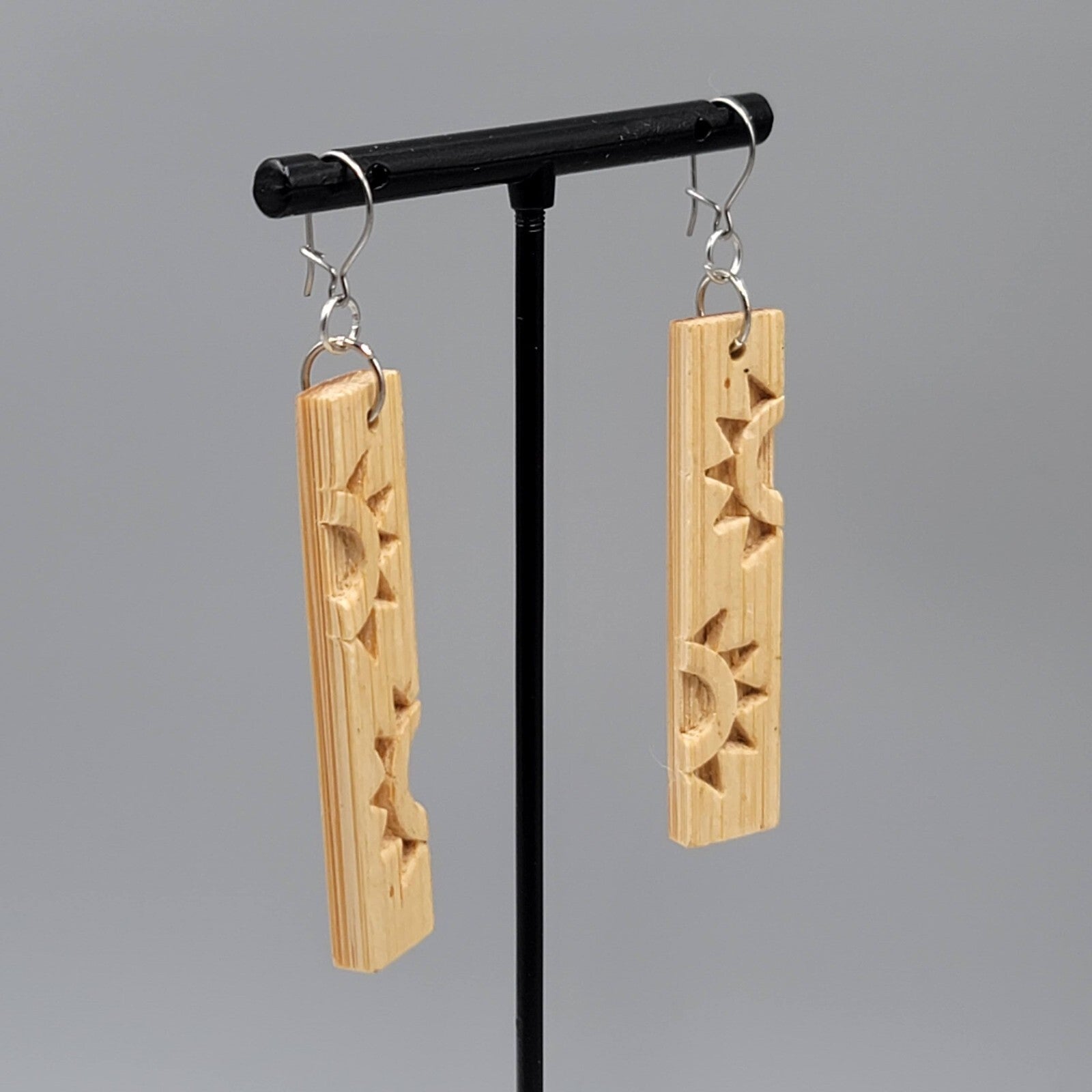 Sun Motif Wood Pierced Earrings Silver tone Dangle 2.25"