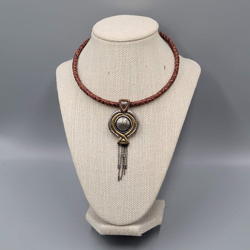 Chicos Necklace Brown Leather Cord Two toned Pendant Dangle Chains 16"