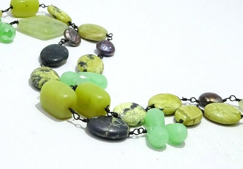 Jasper Aventurine Pearl Gemstone Bead Necklace 30" Adjustable