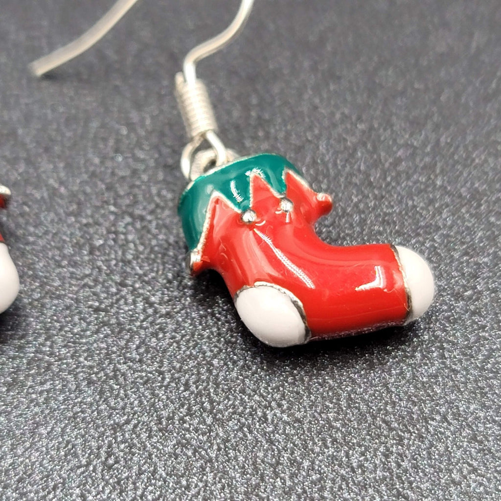 Christmas Pierced Earrings Silver tone Enamel Stockings Solid 5/8"