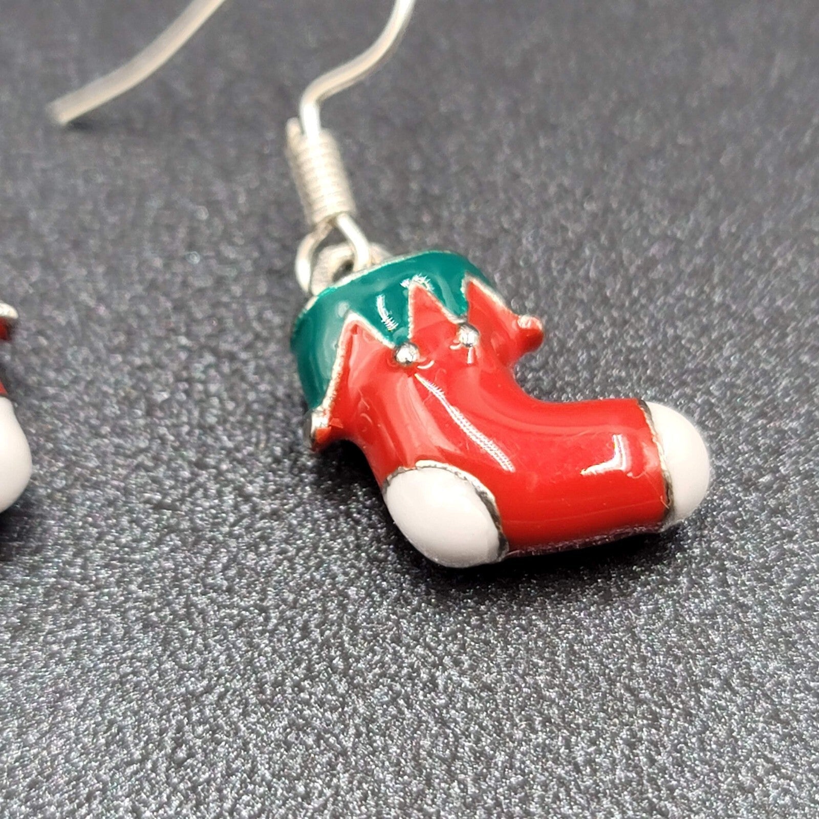 Christmas Pierced Earrings Silver tone Enamel Stockings Solid 5/8"